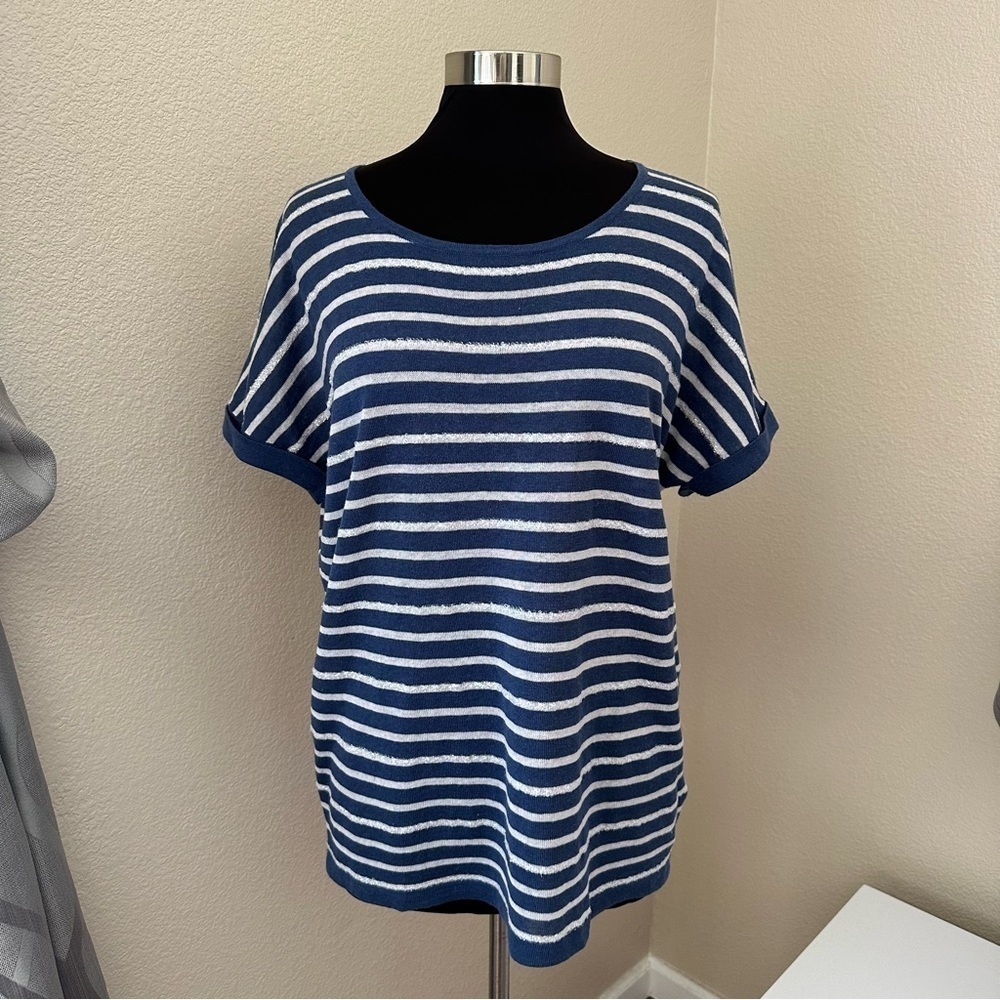 Boden Sequin Linen Blend Striped Navy Blue White T-Shirt Size 12